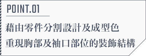 POINT.01 藉由零件分割設計及成型色重現胸部及袖口部位的裝飾結構